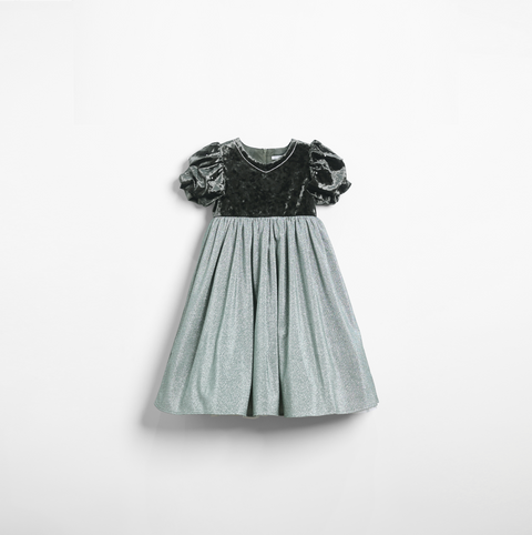 Girls Velvet Puff Sleeve Dress with Rhinestone Trim - Forest Green