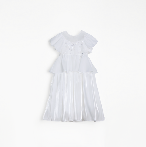 Girls Pearl-Embroidered Satin Dress - Pure White