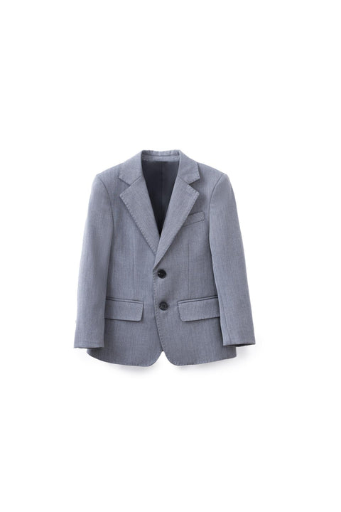 The KIKI and JOJO Kids Suit – Gray 3-Piece Set (3-14 Years) features a classic fit, wrinkle-free blazer with two buttons, notched lapels, and front pockets, shown against a plain white background.