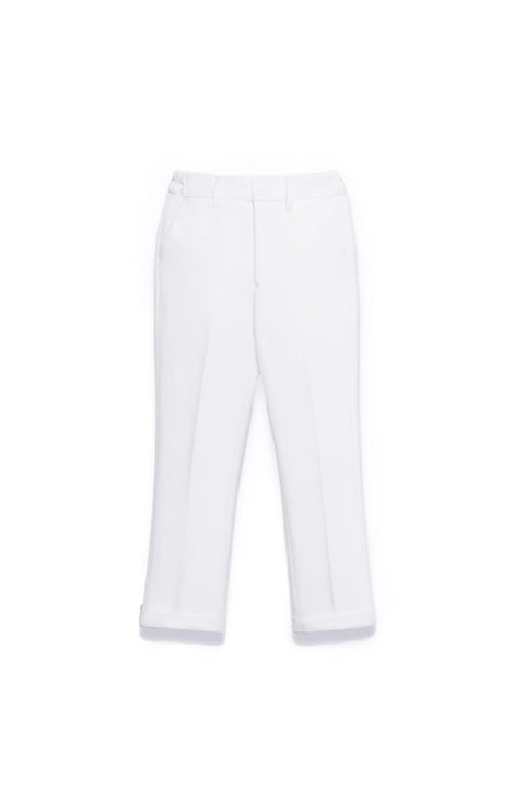 KIKI and JOJO Kids Suit – White 3-Piece Set (3-14 Years), classic fit and wrinkle-free, features dress pants with belt loops and side pockets—ideal for weddings—shown laid flat on a plain white background.