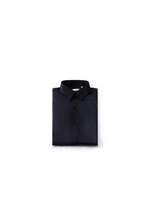 The KIKI and JOJO Kids Dress Shirt – Black Long Sleeve (3-14 Years) features a classic fit and collar, crafted from breathable fabric for comfort—an essential addition to any child's wardrobe, displayed on a plain white background.