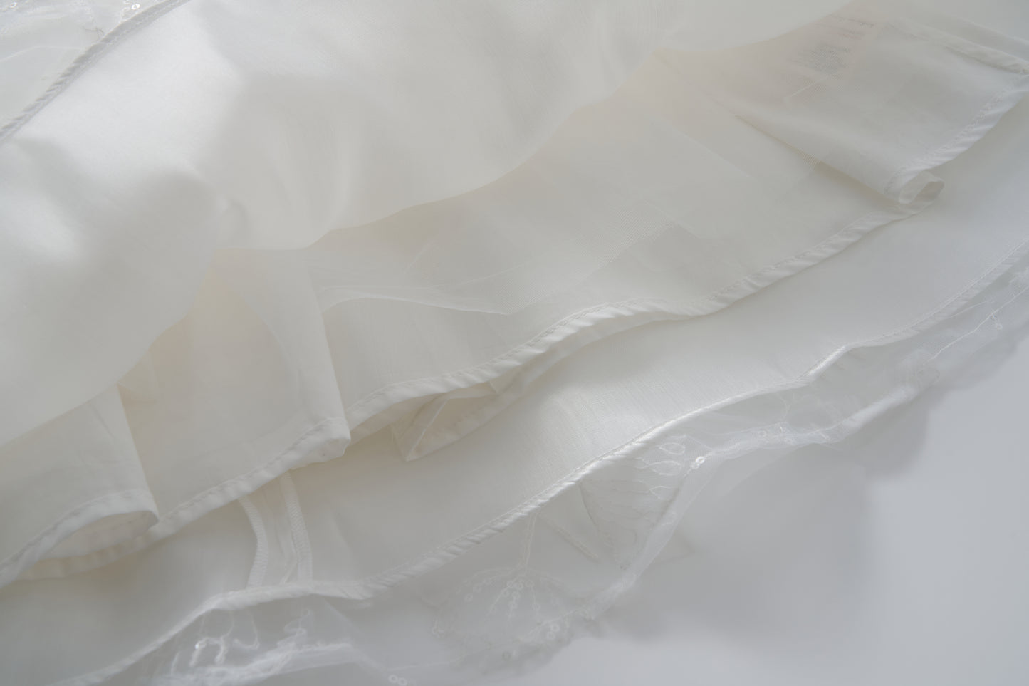 Close-up of layered white sheer fabric with delicate lace and stitched edges—perfect for the Whisper Bloom Dress by KIKI and JOJO, highlighting its ethereal texture and elegant details.
