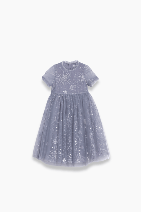 The KIKI and JOJO Girls Sequin Embroidered Tulle Dress - Starlight Silver is a short-sleeve, knee-length dress with a tulle overlay featuring hand-embroidered white star, moon, and sun patterns.