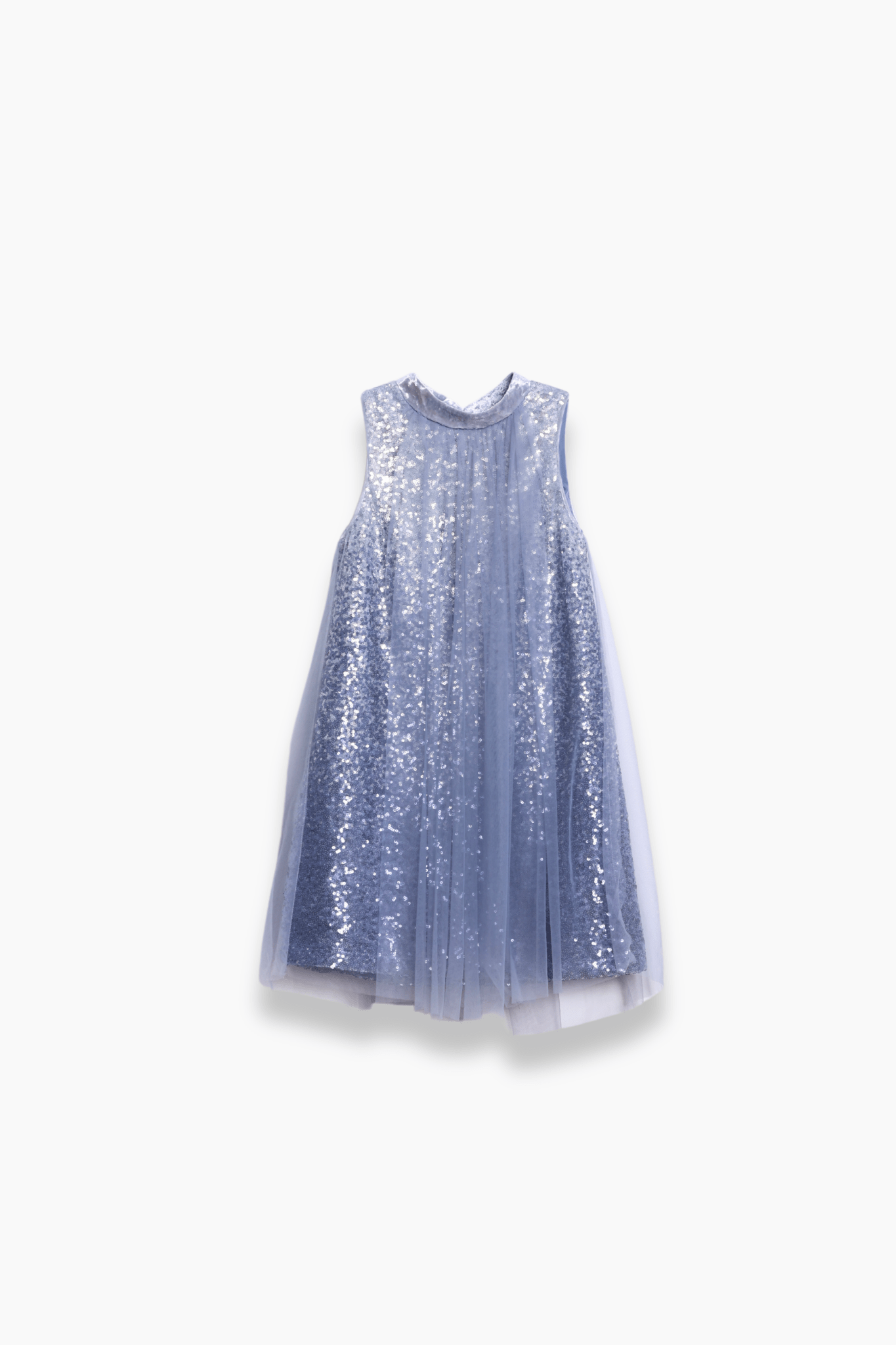 The KIKI and JOJO Girls Sequin Tulle Dress in Starlight Blue features sequin embroidery, a sheer tulle overlay, and a velvet bow, displayed on a plain white background.