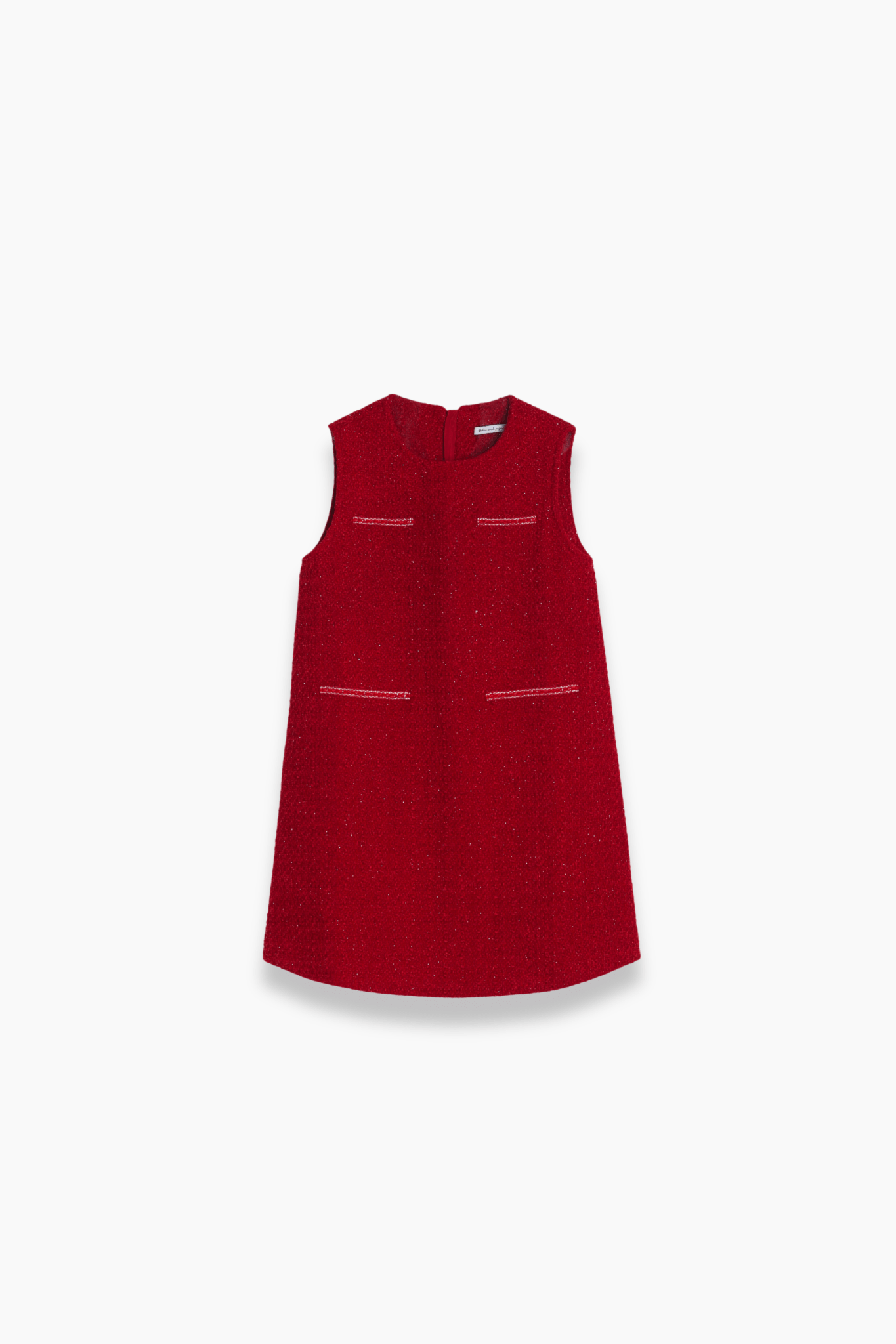 The KIKI and JOJO Girls Tweed Dress in cranberry red features a straight cut, sleeveless design, subtle textured fabric, and four welt pockets—ideal for festive occasions. Shown on a plain white background.