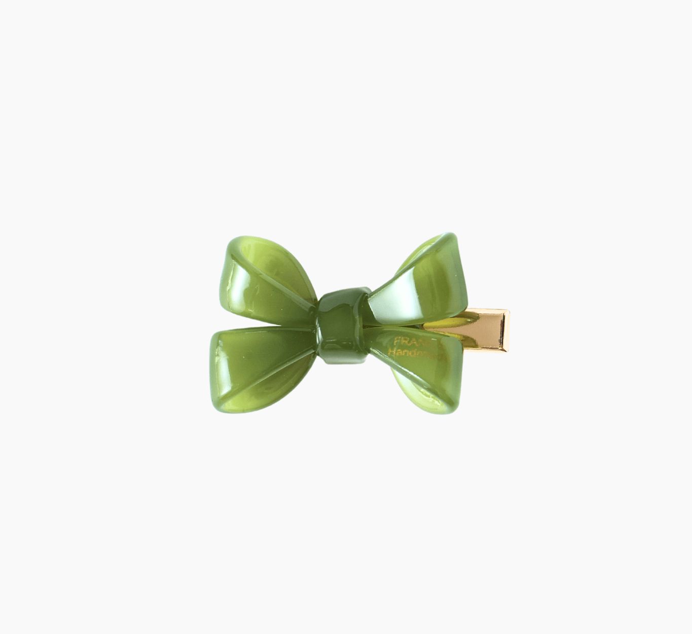 The KIKI and JOJO Girls Sheer Double Bow Hair Clip in Moss Olive features a green, double bow design with a gold metal clasp and pearl-like shimmer, shown against a plain white background.