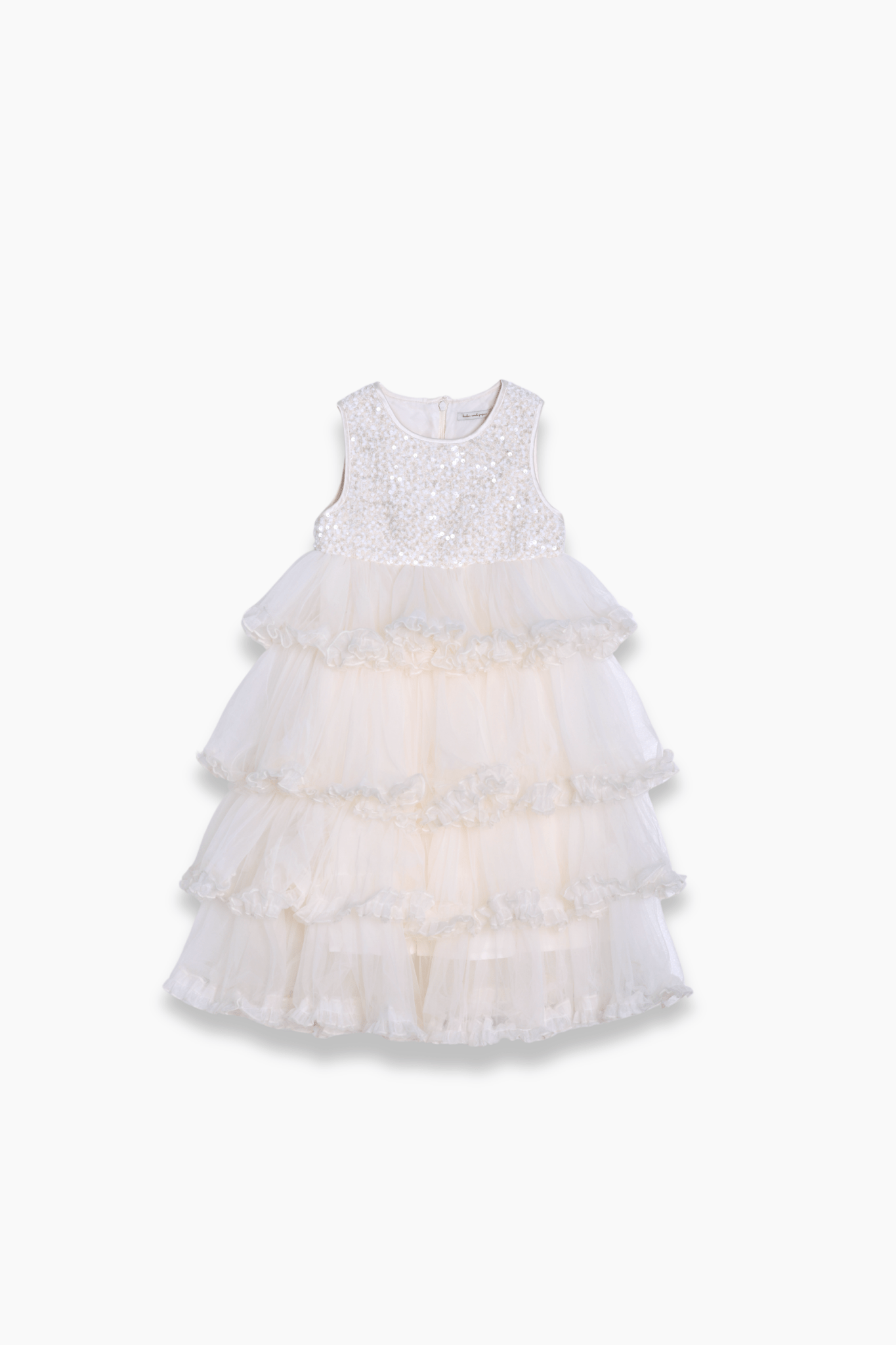 KIKI and JOJO Girls Sparkle Sleeveless Tulle Dress in champagne features a sequined bodice and tiered ruffled tulle skirt, shown on a plain white background.