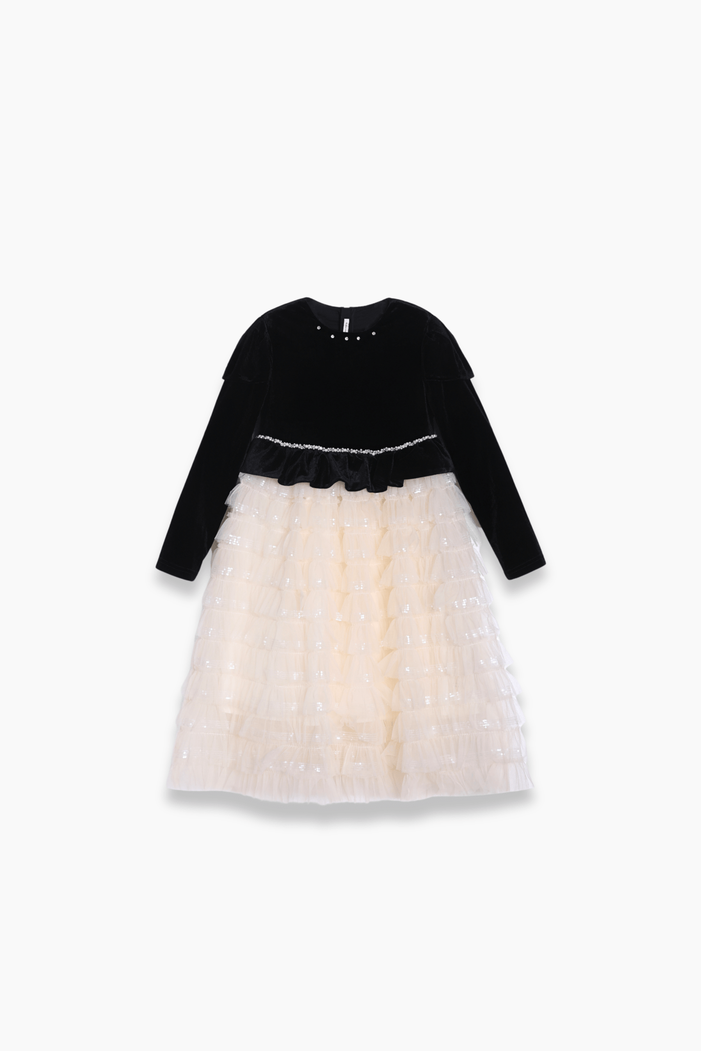 The KIKI and JOJO Girls Velvet & Tulle Sparkle Dress in Black/Ivory features a velvet top and a layered tulle skirt, displayed on a white background.