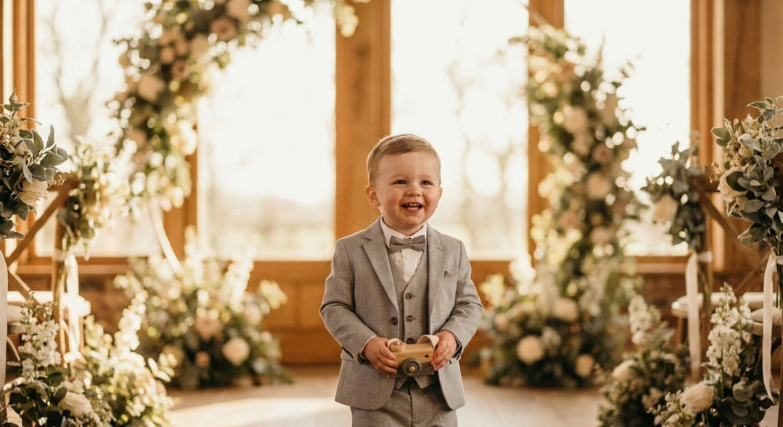 Toddler boy in a light gray three-piece suit and bow tie at a wedding