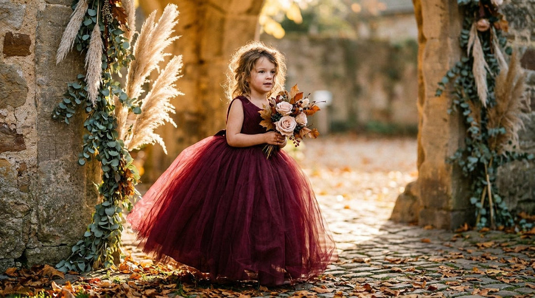 Young flower girl in a burgundy tulle dress standing in an autumn courtyard at a fall wedding