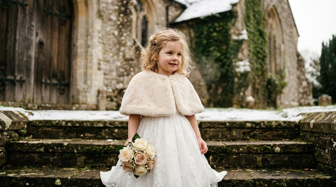 Young flower girl in white faux fur cape over her dress standing on stone church steps at a winter wedding