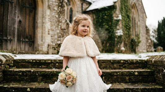 Young flower girl in white faux fur cape over her dress standing on stone church steps at a winter wedding