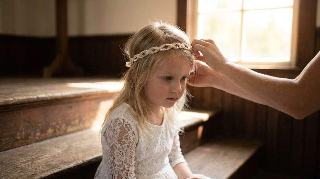 Young flower girl wearing a pearl ribbon headband and white lace dress, flower girl hair accessories adjusted by parent on chapel steps