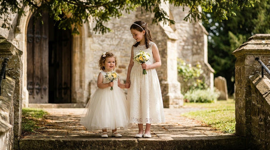 Toddler and tween flower girls in coordinated ivory dresses of different silhouettes standing on church steps before a wedding ceremony