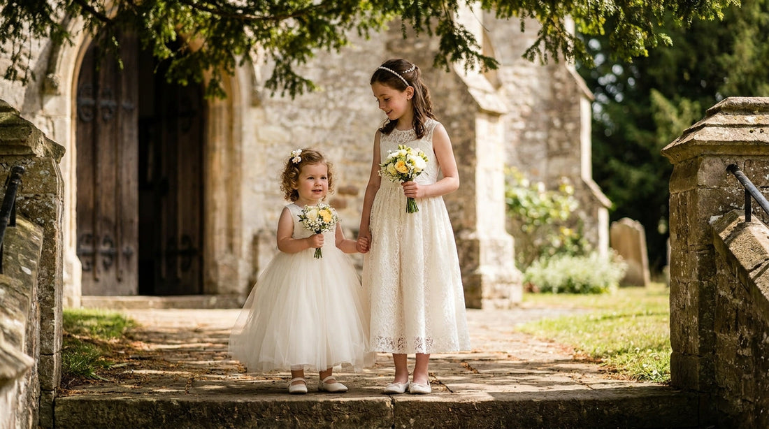 Toddler and tween flower girls in coordinated ivory dresses of different silhouettes standing on church steps before a wedding ceremony