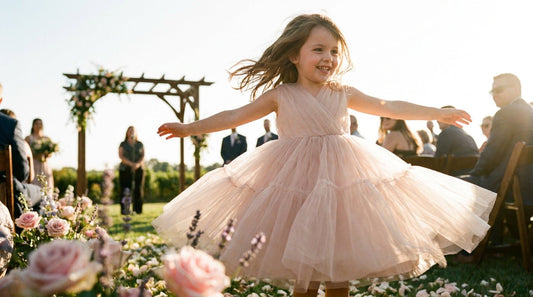 Young girl in a blush tulle party dress twirling outdoors at a wedding, showing how to stop tulle dress itching a child with the right construction