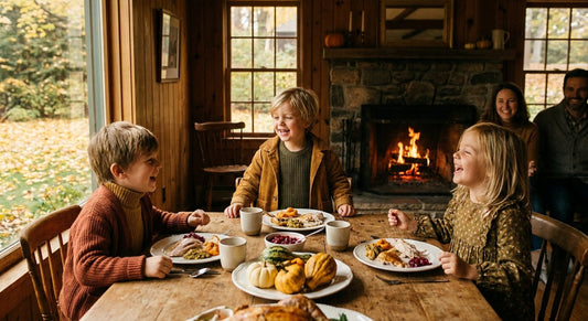 Children in cozy autumn outfits at a Thanksgiving gathering