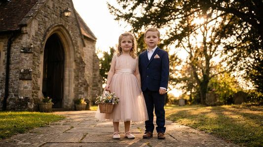 Two young children in coordinated wedding outfits — matching flower girl and ring bearer outfits in blush and navy on a stone church path