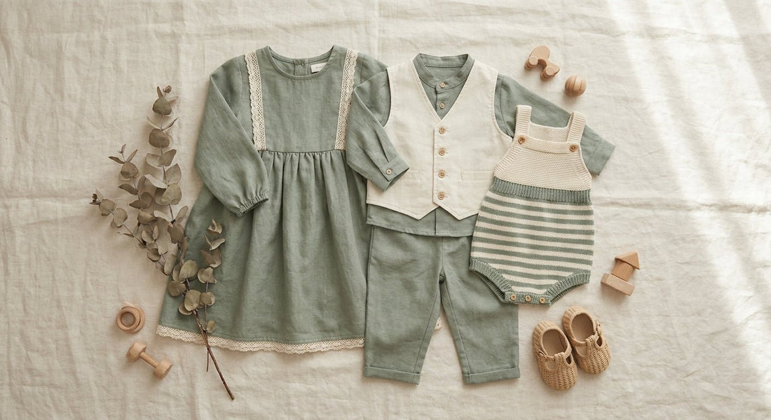 Coordinated sibling outfits flat lay