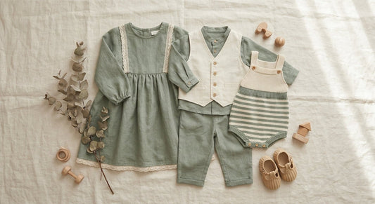 Coordinated sibling outfits flat lay