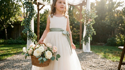 Young flower girl in ivory tulle dress with sage green sash at an outdoor garden wedding ceremony