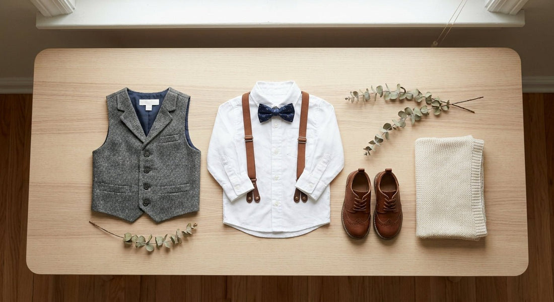 Toddler boy dressy outfit flat lay