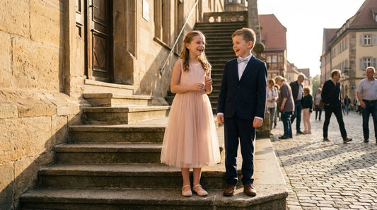 Young girl in blush midi dress and boy in navy suit on city hall steps for a courthouse wedding