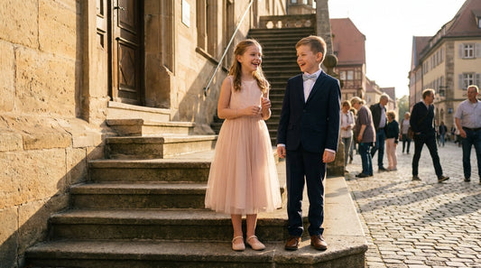 Young girl in blush midi dress and boy in navy suit on city hall steps for a courthouse wedding