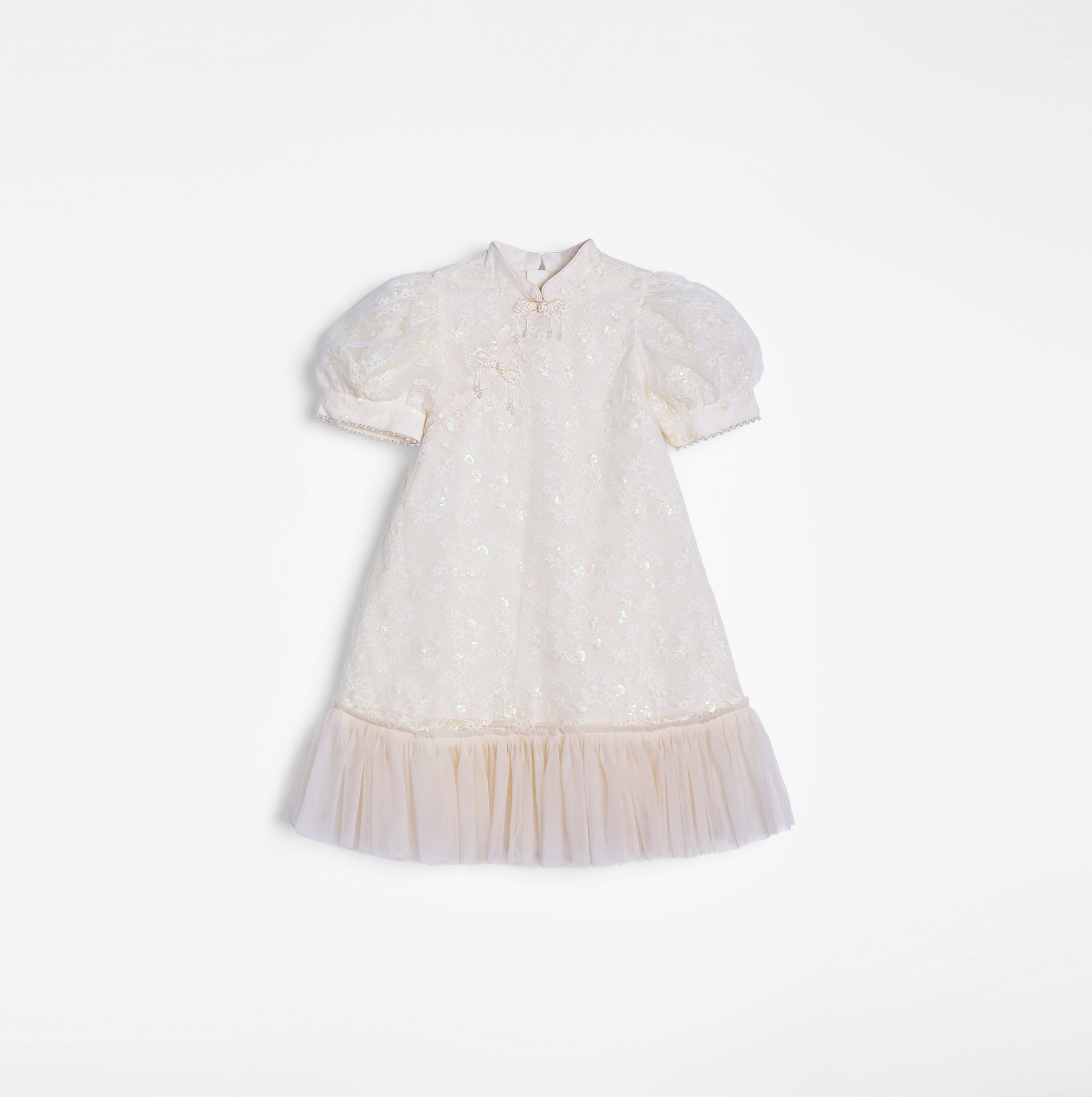 Puff Sleeve Tulle Cheongsam Dress with Pearl-Embroidered Cuffs