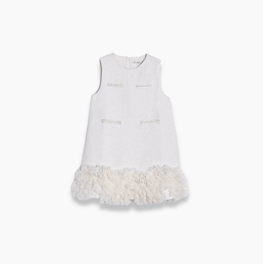 Girls Elegance Tweed A-Line Chiffon Trim Dress - Champagne