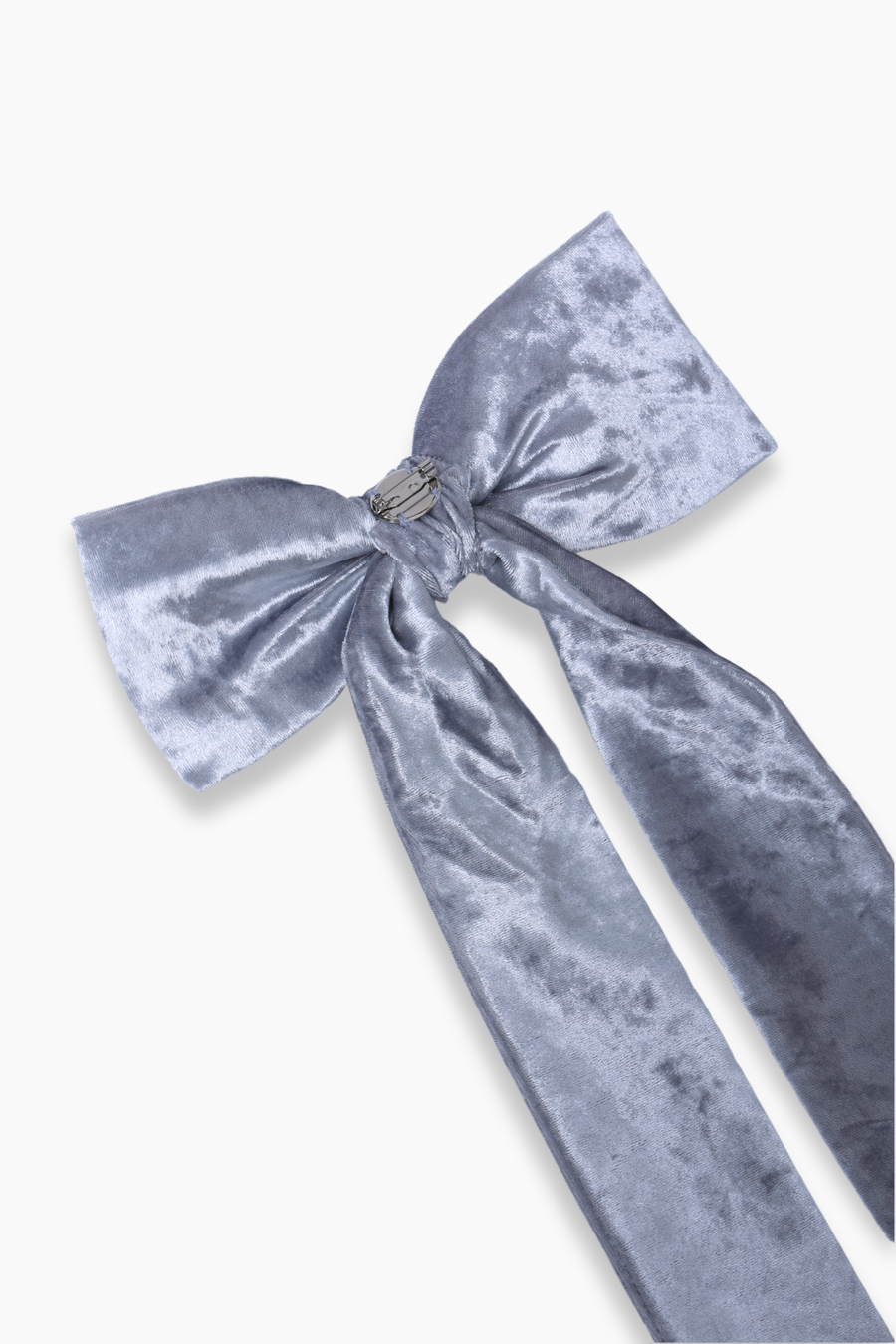 Large silver-gray velvet bow with long tails, secured by a metallic clip, perfect for pairing with the KIKI and JOJO Girls Sequin Tulle Dress in Starlight Blue. Displayed on a white background.