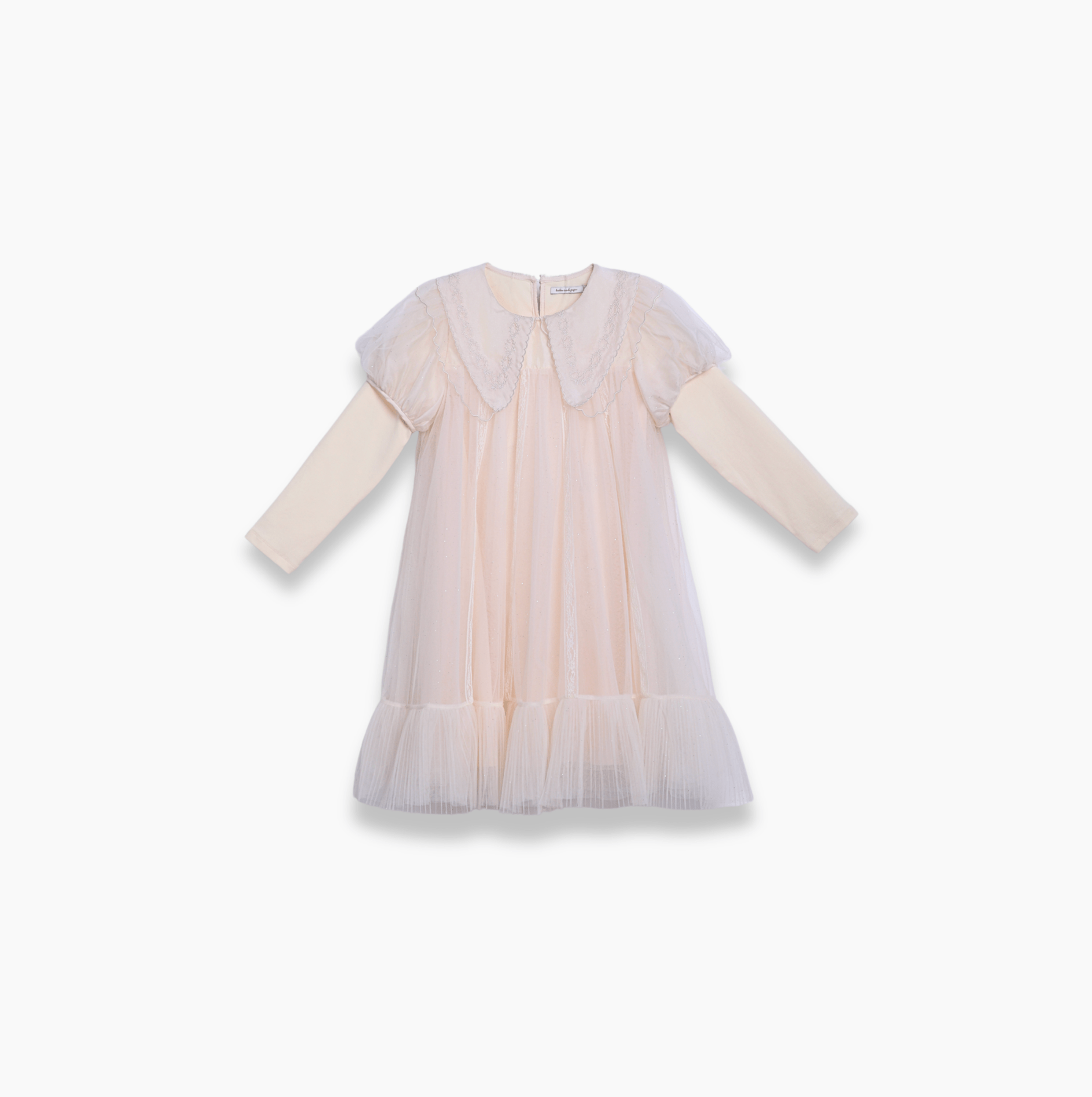 Girls Embroidered Satin Collar Sparkle Tulle Dress - Beige/Ivory