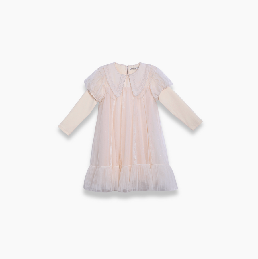 Girls Embroidered Satin Collar Sparkle Tulle Dress - Beige/Ivory