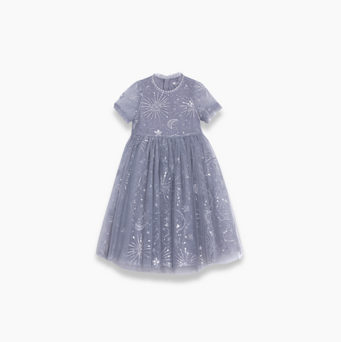 Girls Sequin Embroidered Tulle Dress - Starlight Silver