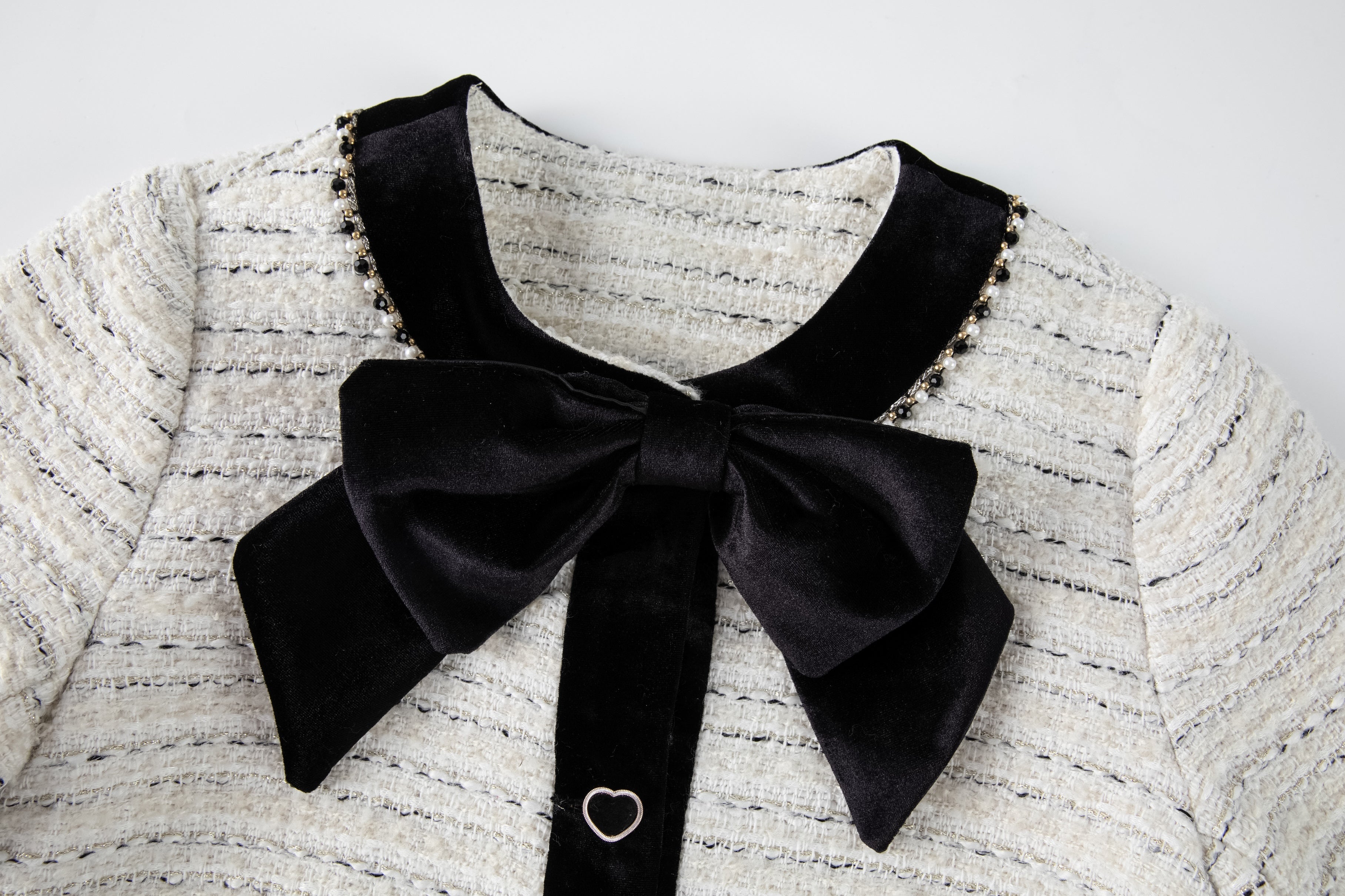 Velvet Bow Beaded-Trim Tweed Jacket