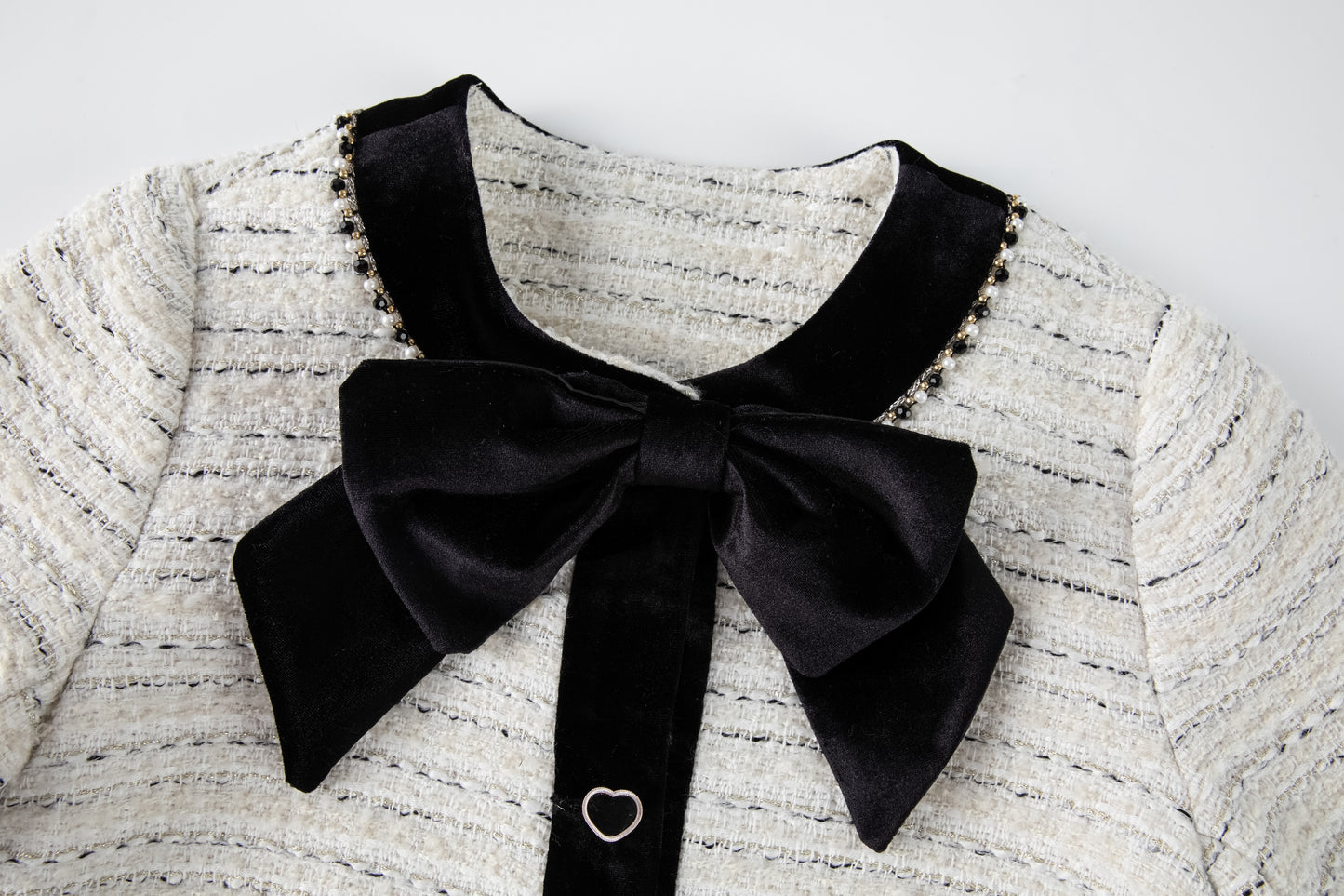 Velvet Bow Beaded-Trim Tweed Jacket