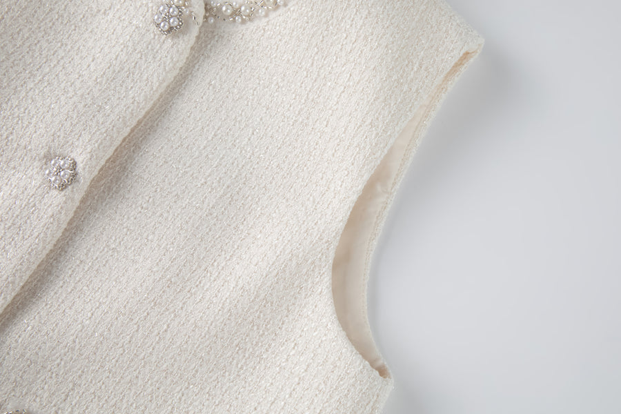 Pearl-Trim Tweed Vest