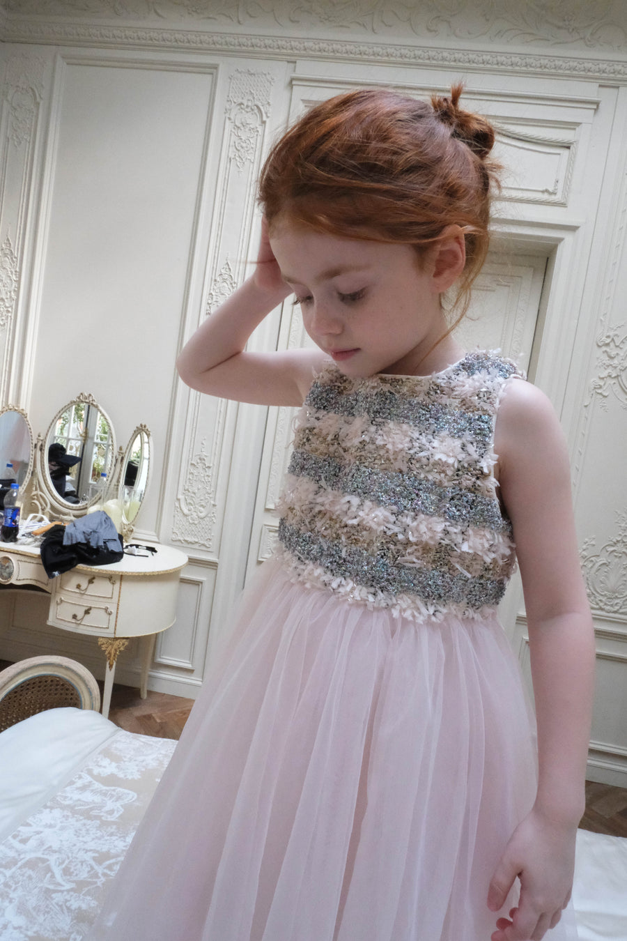 Autumn Reverie Tweed & Pale Pink Tulle Dress