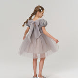 A young girl with braided hair styled with KIKI and JOJO Girls Silver Bow Hair Clips (Set of 2) wears a gray tulle dress with a large back bow and silver shoes, standing against a plain light background.