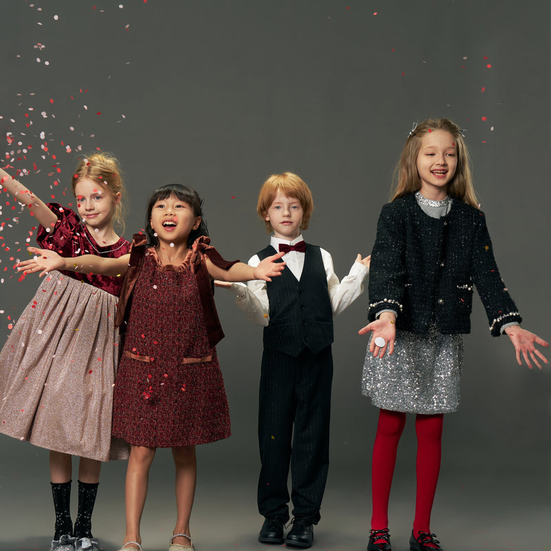 Girls Handmade Tweed Dress – Burgundy Velvet Bow