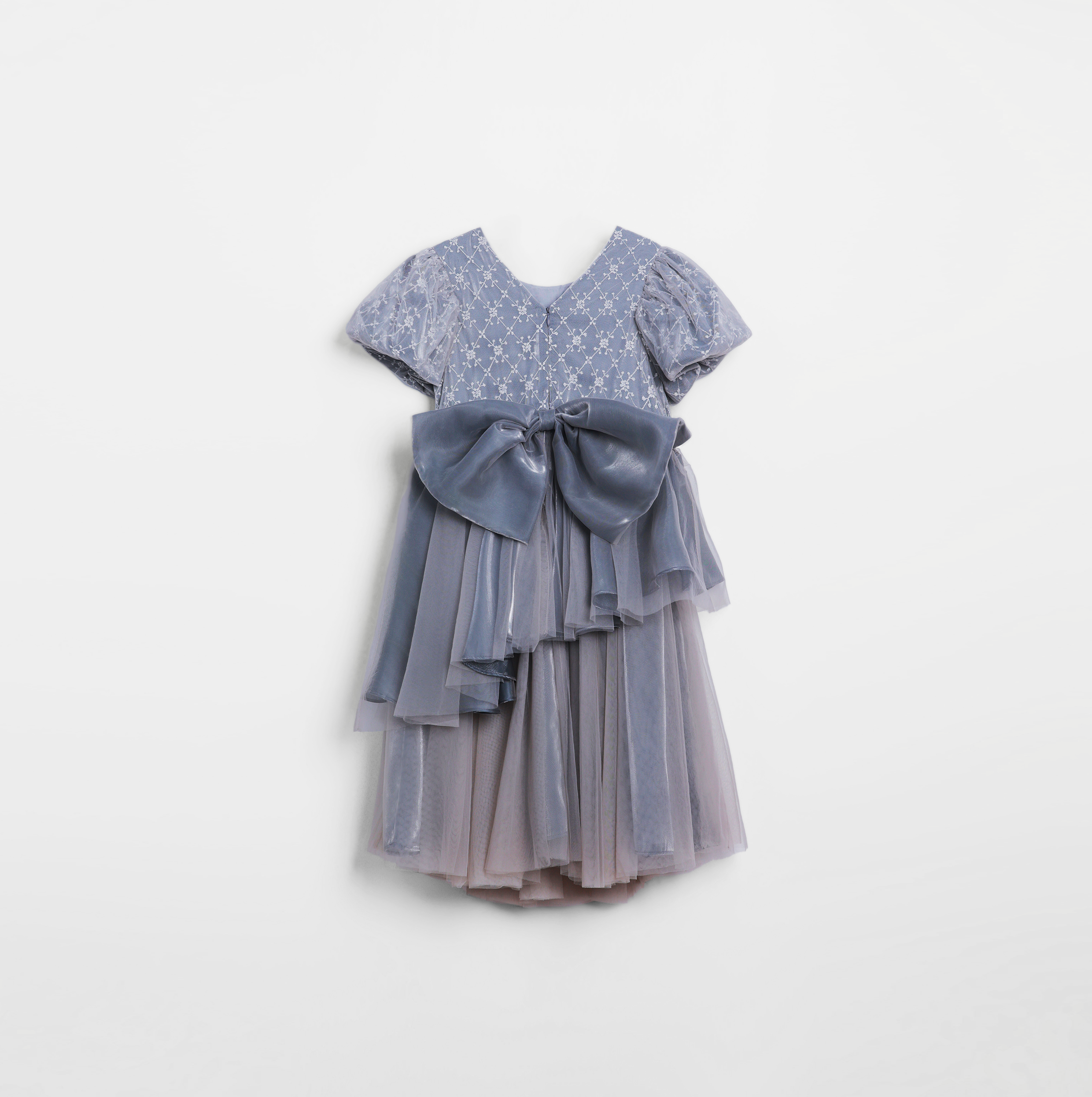 Girls Velvet Asymmetrical Hem Puff Sleeve Dress - Gray