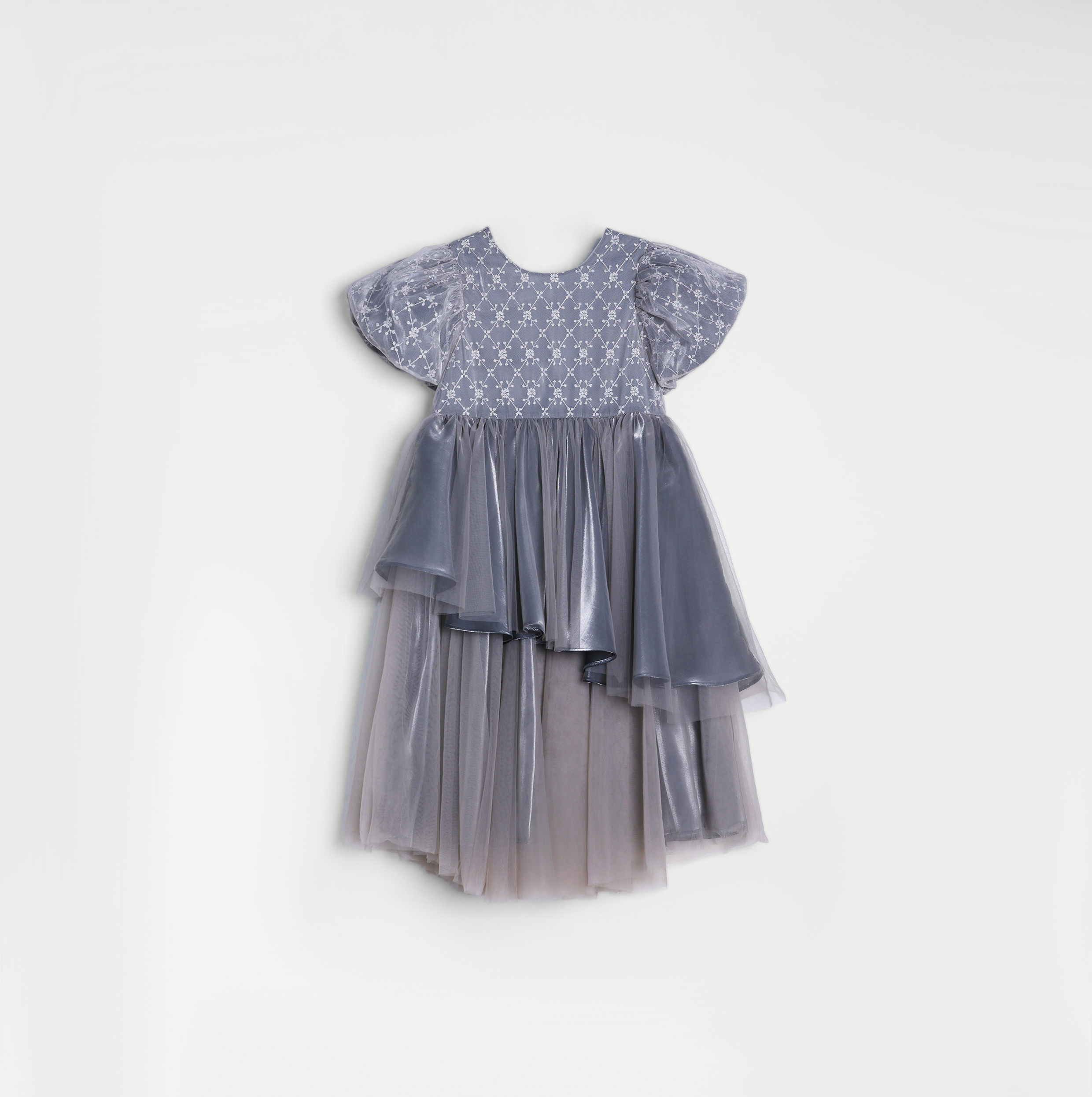Girls Velvet Asymmetrical Hem Puff Sleeve Dress - Gray