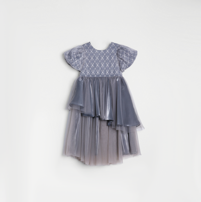 Girls Velvet Asymmetrical Hem Puff Sleeve Dress - Gray