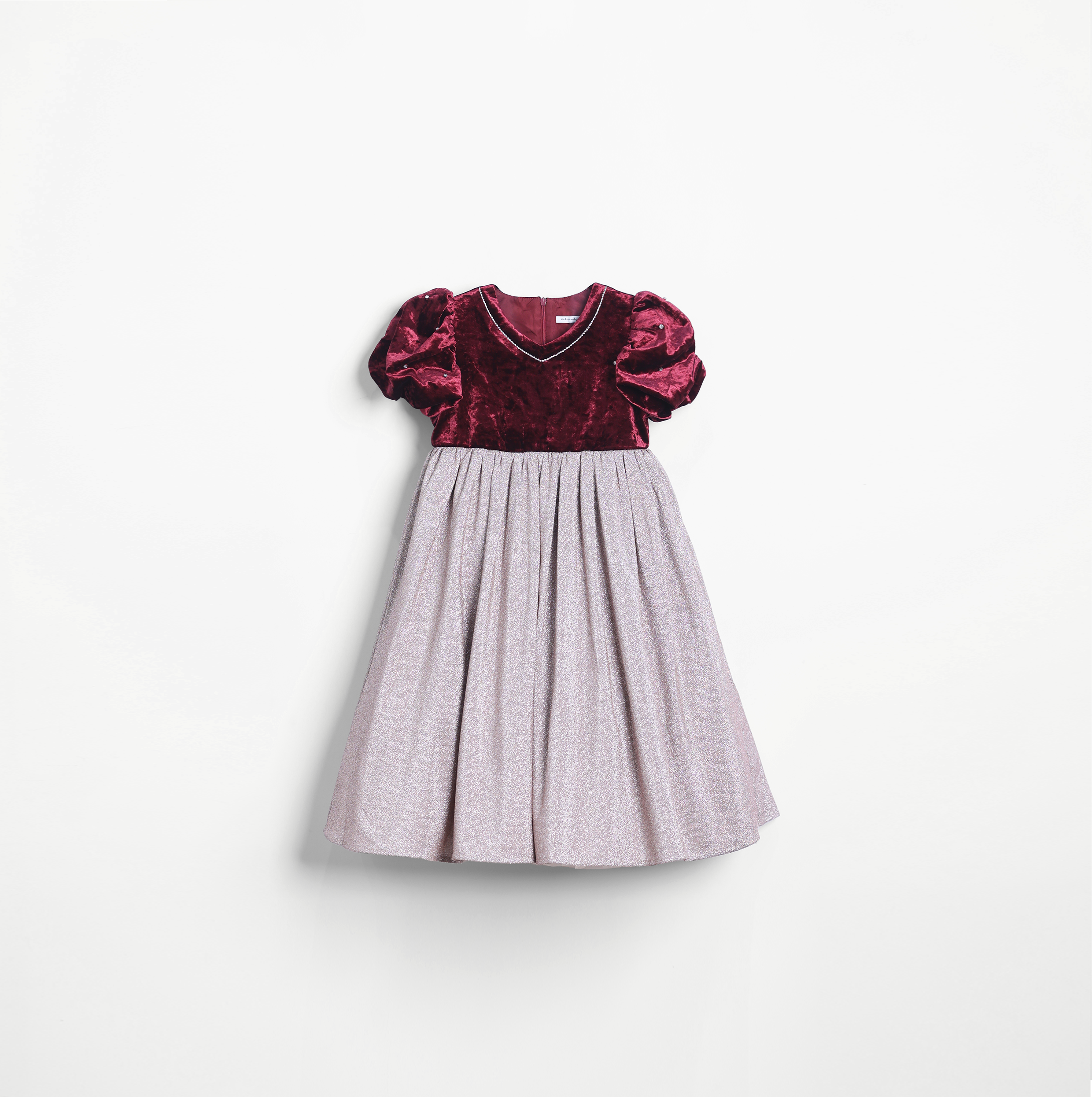 Girls Velvet Puff Sleeve Dress with Rhinestone Trim - Burgundy Red