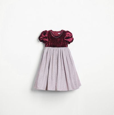 Girls Velvet Puff Sleeve Dress with Rhinestone Trim - Burgundy Red