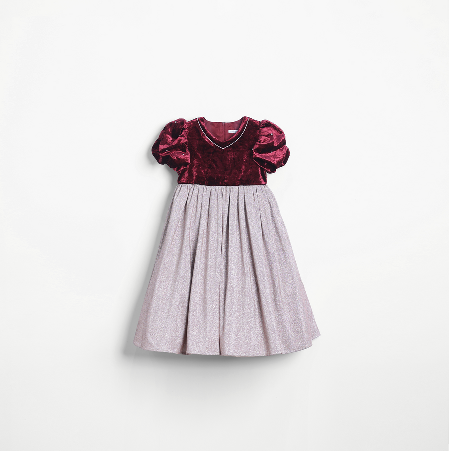Girls Velvet Puff Sleeve Dress with Rhinestone Trim - Burgundy Red
