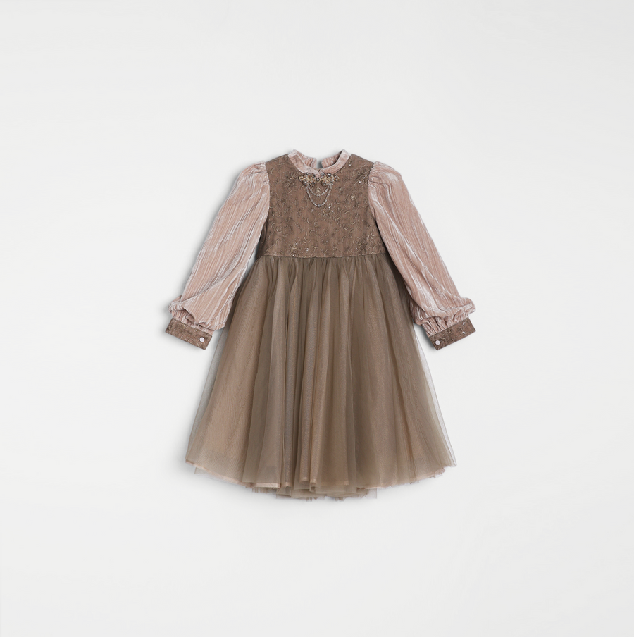 Girls Vintage Elegance Embroidered Velvet & Tulle Dress