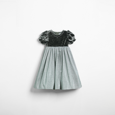 Girls Velvet Puff Sleeve Dress with Rhinestone Trim -  Forest Green
