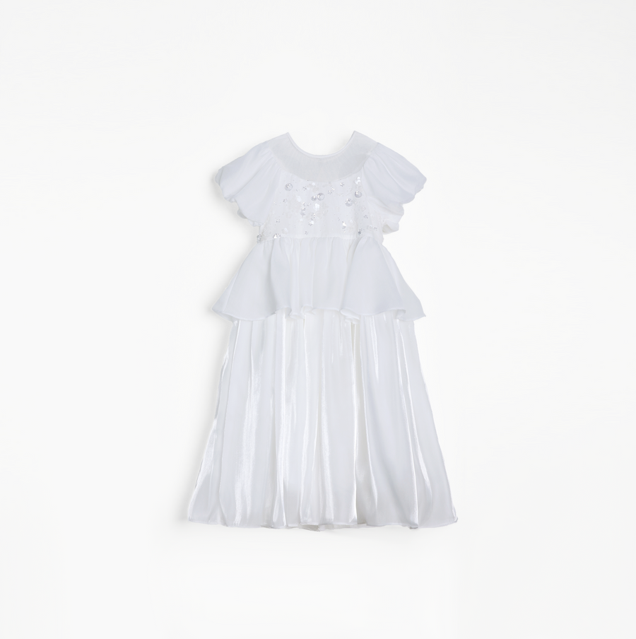 Girls Pearl-Embroidered Satin Dress - Pure White
