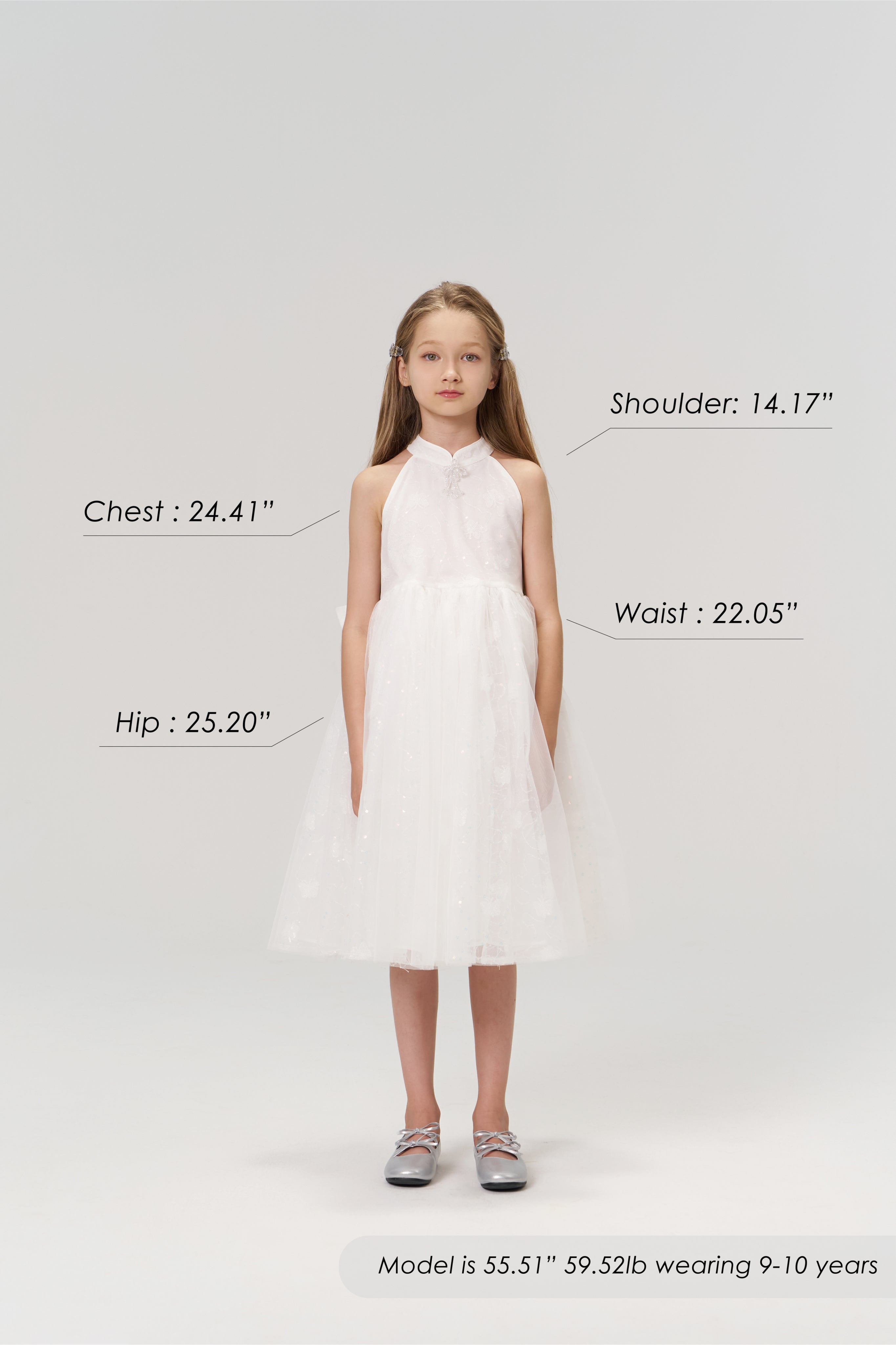Young girl in the KIKI and JOJO Butterfly Whispers Dress stands against a plain background, with chest, shoulder, waist, hip measurements and model size info displayed.